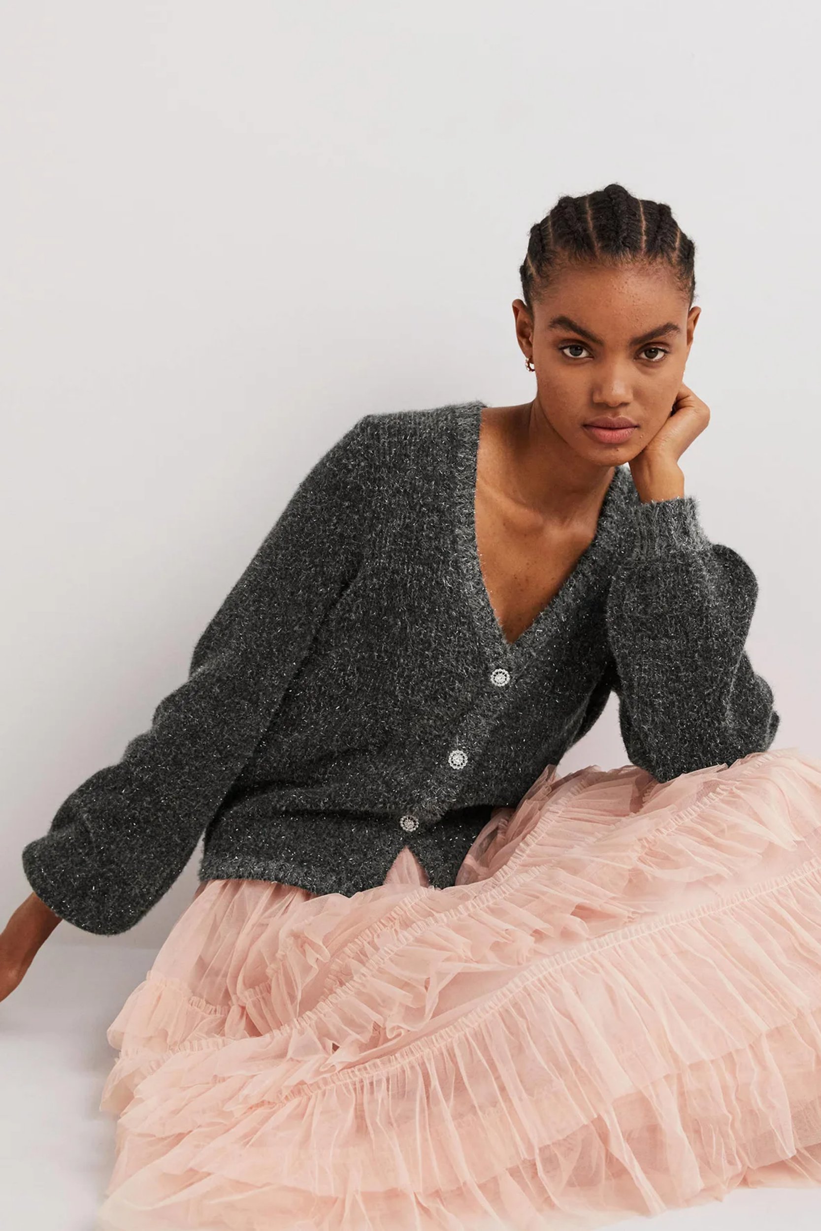 Metallic Fluffy Cardigan Model. Image Boden.