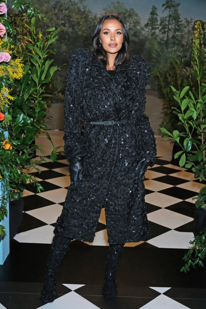 LONDON, ENGLAND - FEBRUARY 18: Maya Jama attends the Richard Quinn front row during London Fashion Week February 2023 at Seymour Leisure Centre on February 18, 2023 in London, England. (Photo by Matt Keeble/Dave Benett/Getty Images)