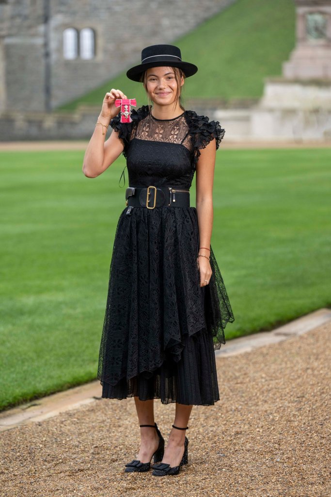 WINDSOR, ENGLAND - NOVEMBER 29: Tennis player Emma Raducanu after she was made a MBE (Member of the Order of the British Empire) by King Charles III at Windsor Castle on November 29, 2022 in Windsor, England. (Photo by Paul Grover - WPA Pool/Getty Images)